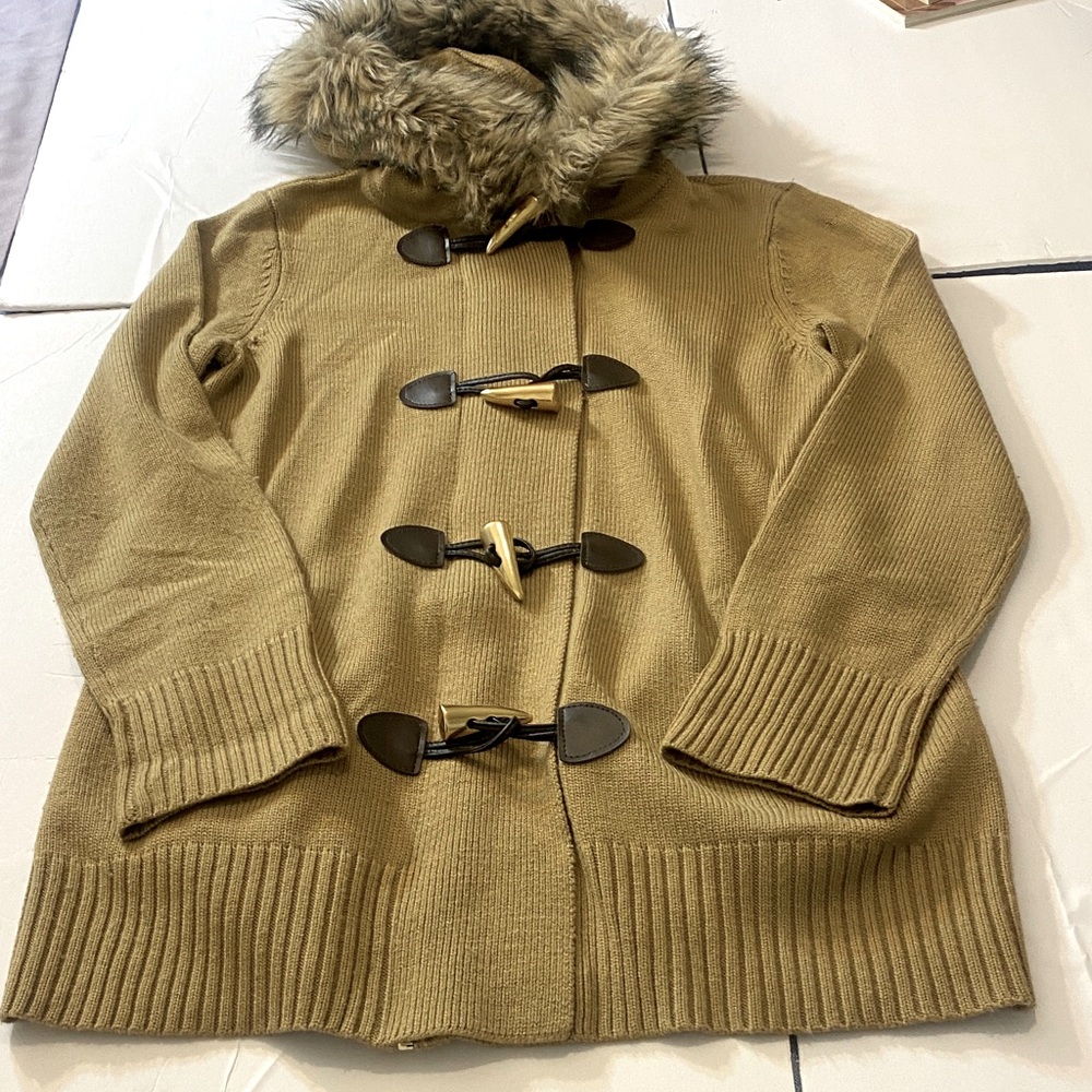 Michael Kors Camel Coloured Wool Blend Toggle Knit Jacket with Faux Fur Hood